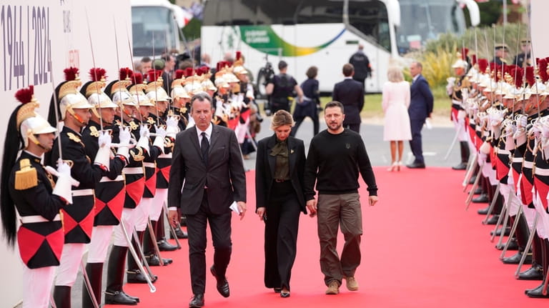 Ukrainian President Volodymyr Zelenskyy and his wife Olena Zelenska, arrive...