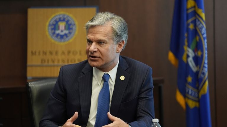 FBI Director Christopher Wray answers questions during an interview, Wednesday,...