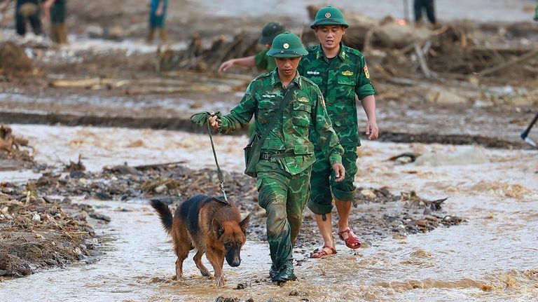 Rescue workers and a sniff dog search for the missing...