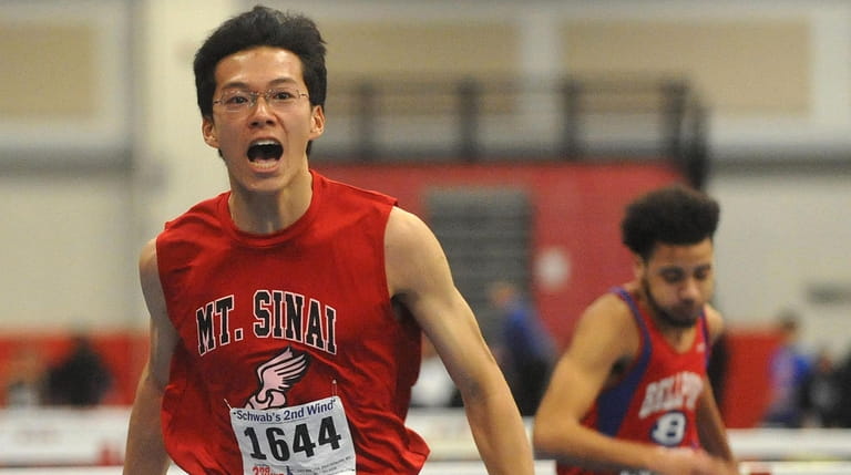 Kenneth Wei of Mount Sinai reacts after winning the 55-meter...