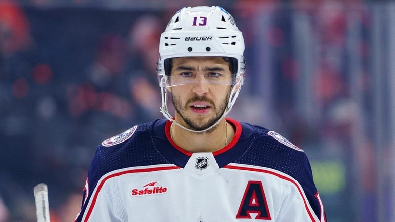 Columbus Blue Jackets' Johnny Gaudreau looks on during an NHL...