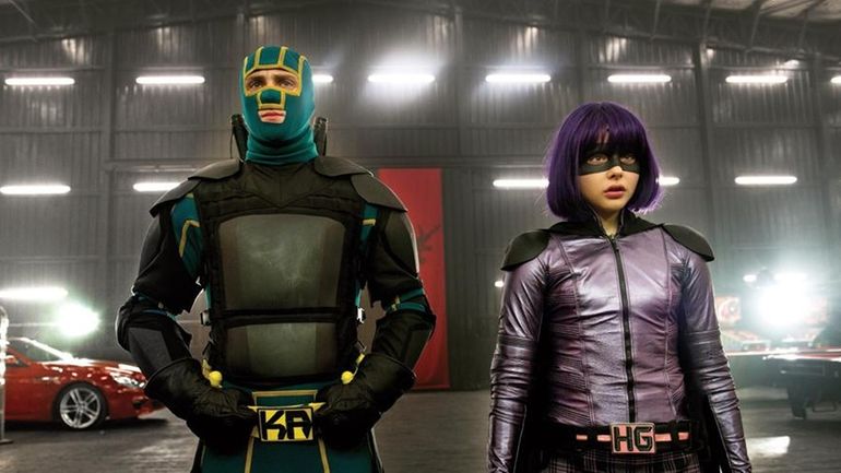 Young masked hero Kick-Ass (Aaron Taylor-Johnson) and the blade-wielding Hit...