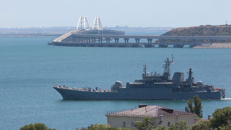 A Russian military landing ship sails not far from Kerch,...