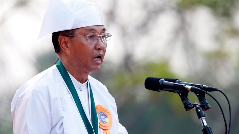 Myanmar Vice President Myint Swe speaks during a ceremony to...