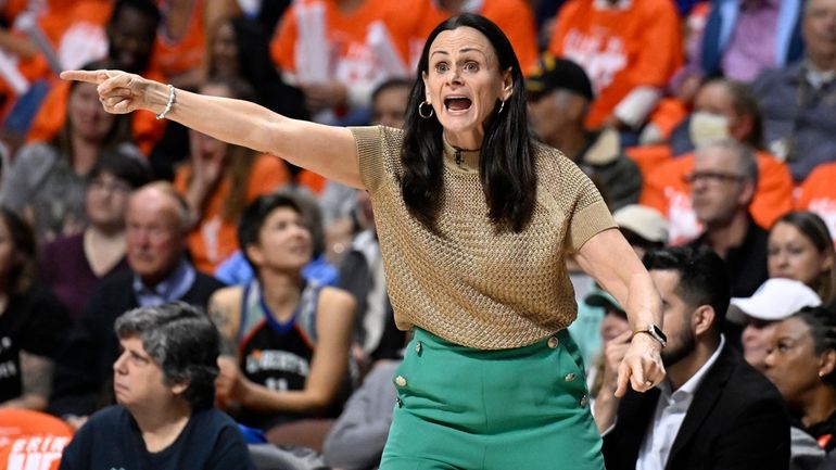 New York Liberty head coach Sandy Brondello gestures during the...