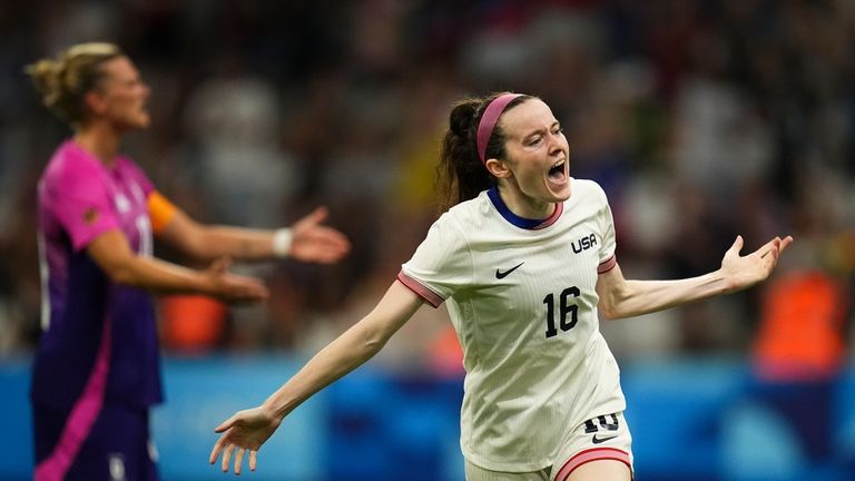 United States' Rose Lavelle celebrates after teammate Mallory Swanson scored...