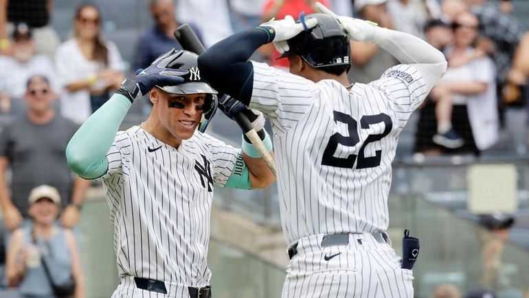 Juan Soto of the New York Yankees celebrates his eighth-inning...