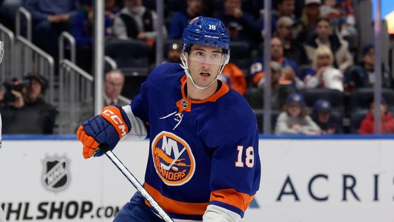 Pierre Engvall of the Islanders skates against the Washington Capitals...