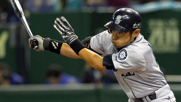 Outfielder Ichiro Suzuki #51 of Seattle Mariners hits during in...