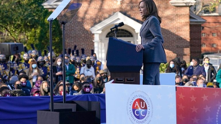 Vice President Kamala Harris speaks, Jan. 11, 2022, in Atlanta....