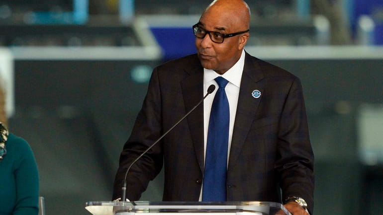 Fred Whitfield, Charlotte Hornets President and Vice Chairman, speaks during...
