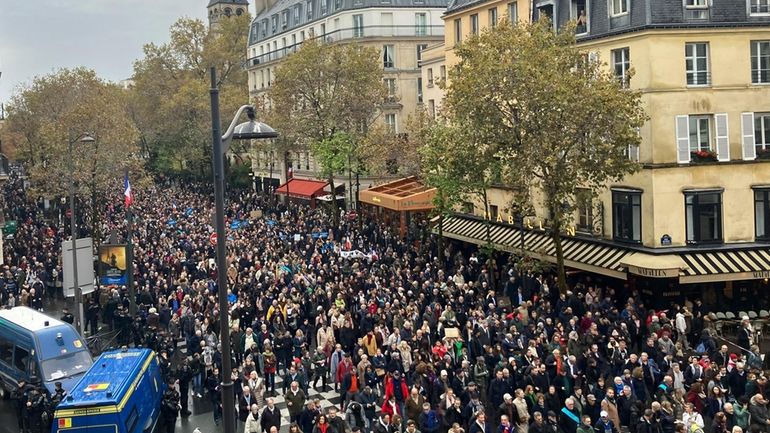 Thousands gather for a march against antisemitism in Paris, France,...