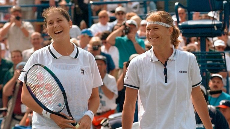 In this Sept. 8, 1996, file photo, Steffi Graf, right,...