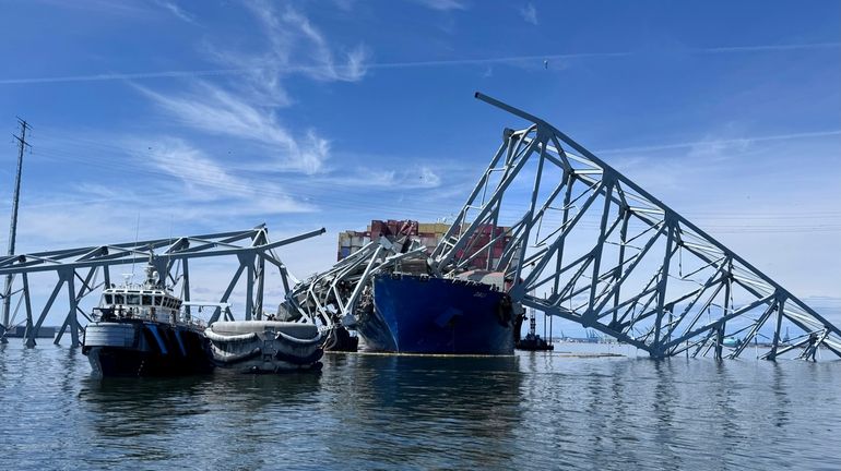 The fallen Francis Scott Key Bridge in Baltimore is pictured...