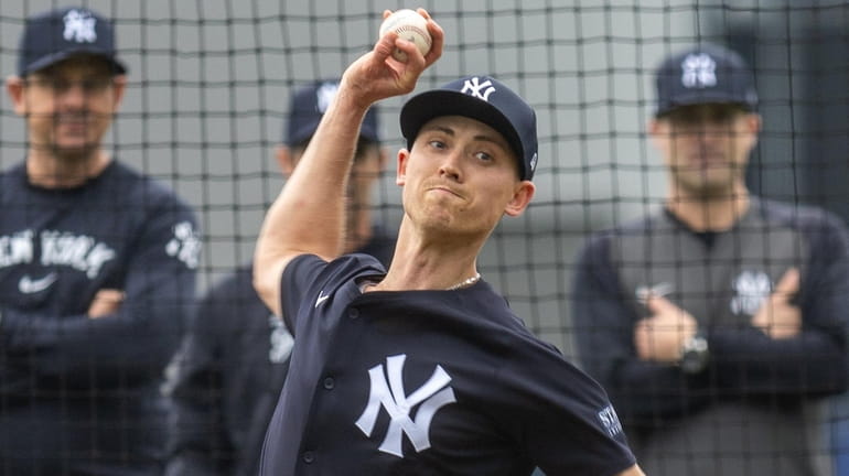 Yankees pitcher Luke Weaver throws live batting practice during spring training at the...