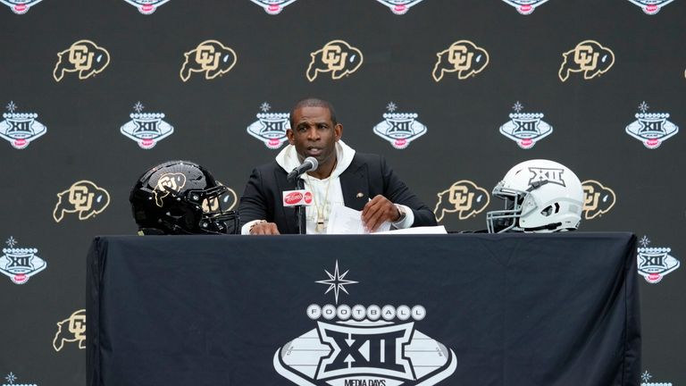 Colorado head coach Deion Sanders speaks during the Big 12...