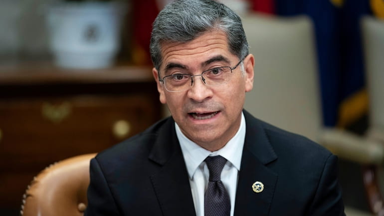 Health and Human Services Secretary Xavier Becerra speaks during a...