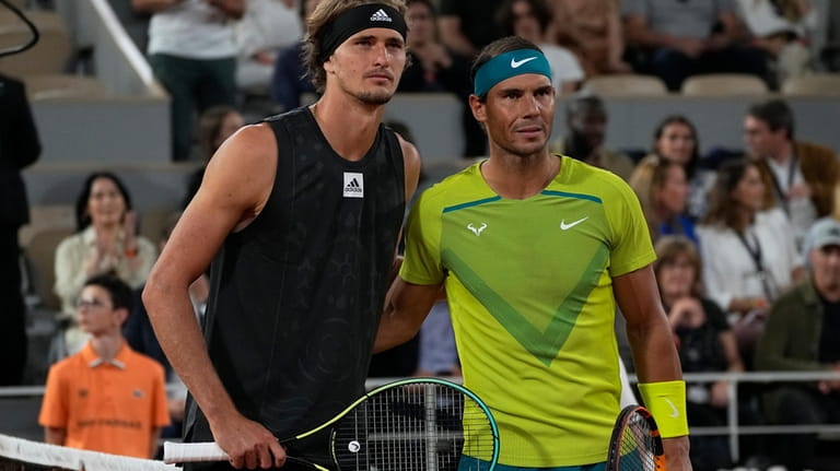 Spain's Rafael Nadal, right, and Germany's Alexander Zverev pose before...
