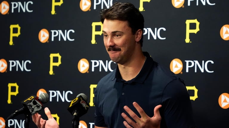 Pittsburgh Pirates' Paul Skenes meets with reporters before a baseball...