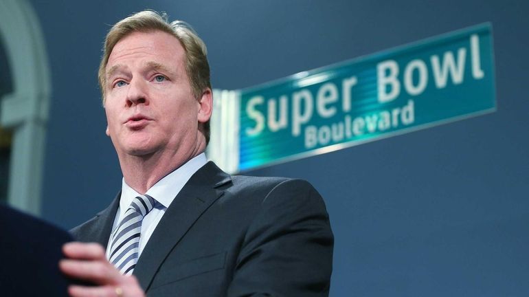 NFL Commissioner Roger Goodell speaks at a City Hall press...