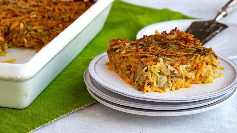 Passover vegetable kugel made with shredded vegetables and potatoes, caramelized...