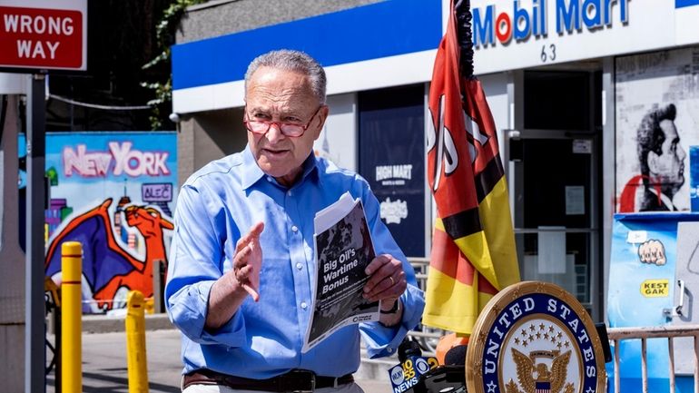 Sen. Chuck Schumer, at a Sunday news conference outside a Manhattan...