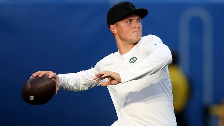 New York Jets quarterback Zach Wilson during warmups before a preseason...