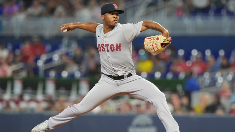 Boston Red Sox starting pitcher Brayan Bello delivers during the...