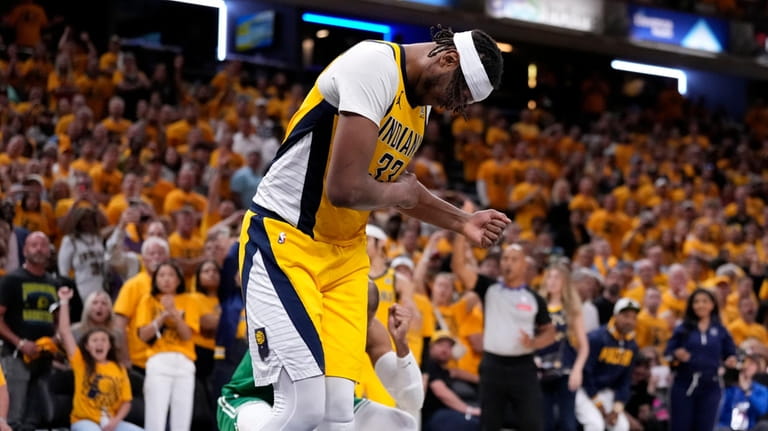 Indiana Pacers center Myles Turner reacts at the end of...