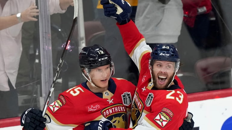 Florida Panthers forward Carter Verhaeghe (23) celebrates his goal with...
