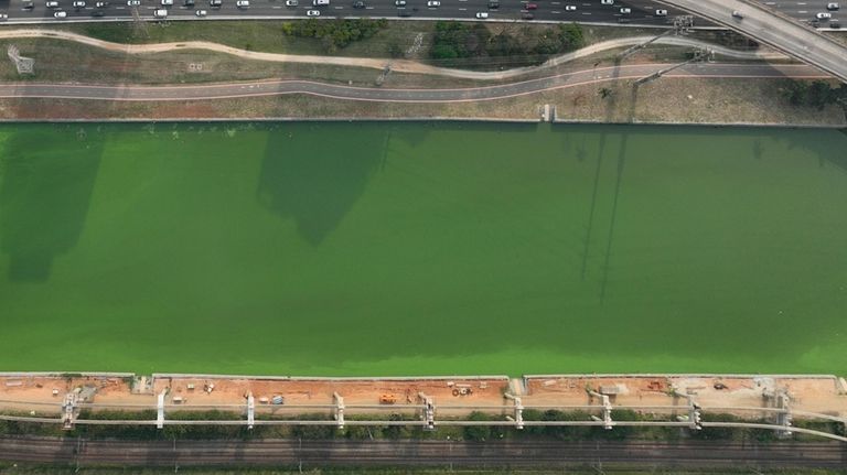 The Pinheiros River is green in Sao Paulo, Brazil, Tuesday,...