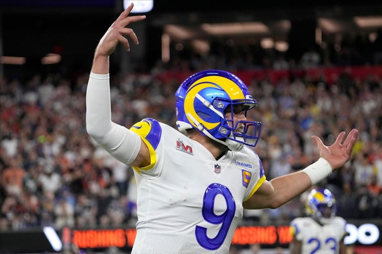 Los Angeles Rams quarterback Matthew Stafford (9) stands for the National  Anthem before taking on the Cincinnati Bengals in Super Bowl 56, Sunday,  Feb. 13, 2022 in Inglewood, Calif. The Rams defeated