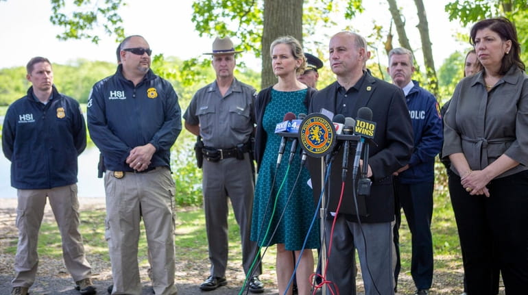 Nassau County Police Commissioner Patrick Ryder, flanked by County Executive Laura...
