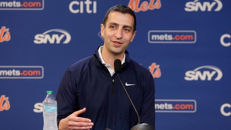 Mets president of baseball operations David Stearns speaks to the...