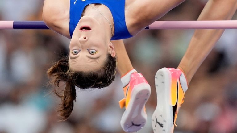 Yaroslava Mahuchikh, of Ukraine, competes in the women's high jump...