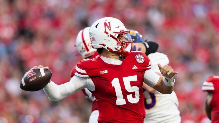 Nebraska quarterback Dylan Raiola (15) passes the ball against Northern...