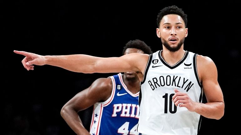 Brooklyn Nets guard Ben Simmons (10) points during the first...