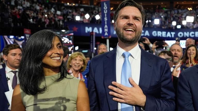 Republican vice presidential candidate Sen. JD Vance, R-Ohio, and his...