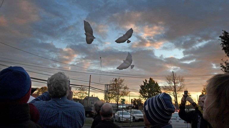 People release balloons shaped like doves to remember hate crime...