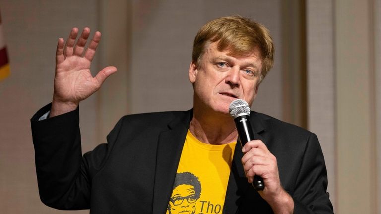 Patrick Byrne speaks during a panel discussion at the Nebraska...