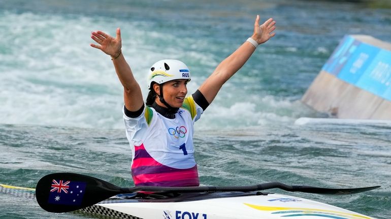 Jessica Fox of Australia reacts at finish of the women's...