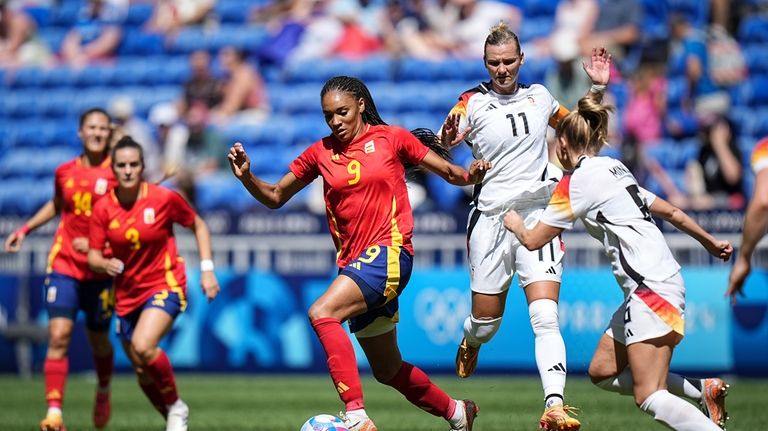 Spain's Salma Paralluelo controls the ball during the women's bronze...