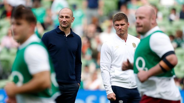 England's head coach Steve Borthwick, left, with Owen Farrell before...