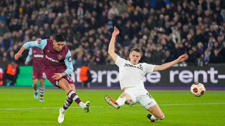 West Ham's Edson Alvarez, left, scores his side's second goal...