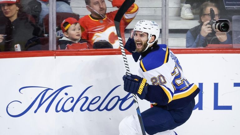 St. Louis Blues forward Brandon Saad (20) celebrates his game-winning...