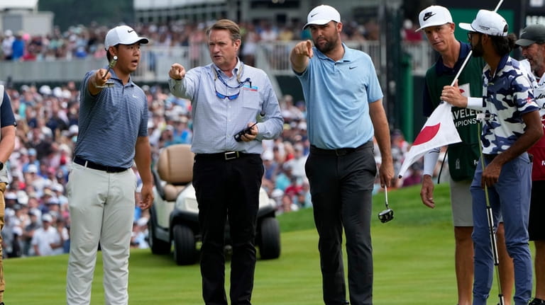 Golfers Tom Kim, left, of South Korea, Scottie Scheffler, center,...