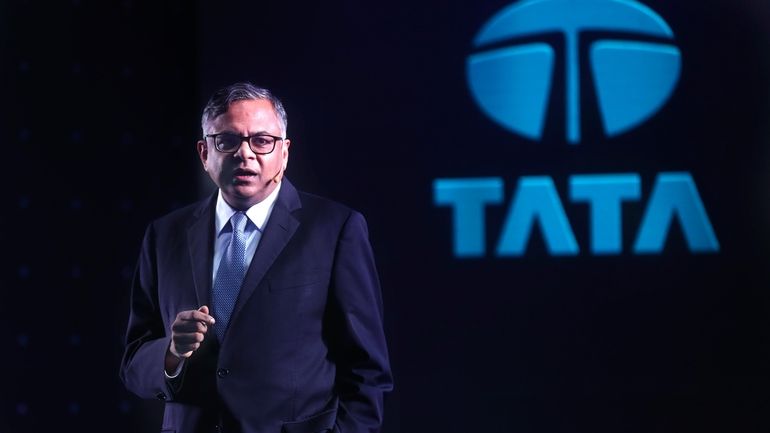 Tata Sons chairman Natarajan Chandrasekaran speaks during the launch of...