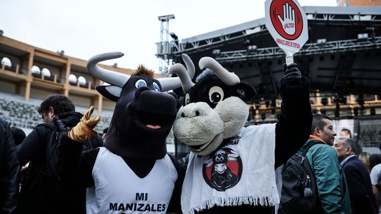 People dressed as bulls attend a presentation of a law...