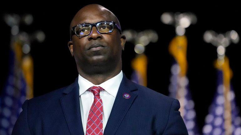 Rep. Jamaal Bowman, D-N.Y., listens to fellow speakers before President...