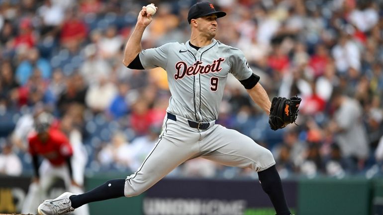 Detroit Tigers starting pitcher Jack Flaherty delivers during the first...